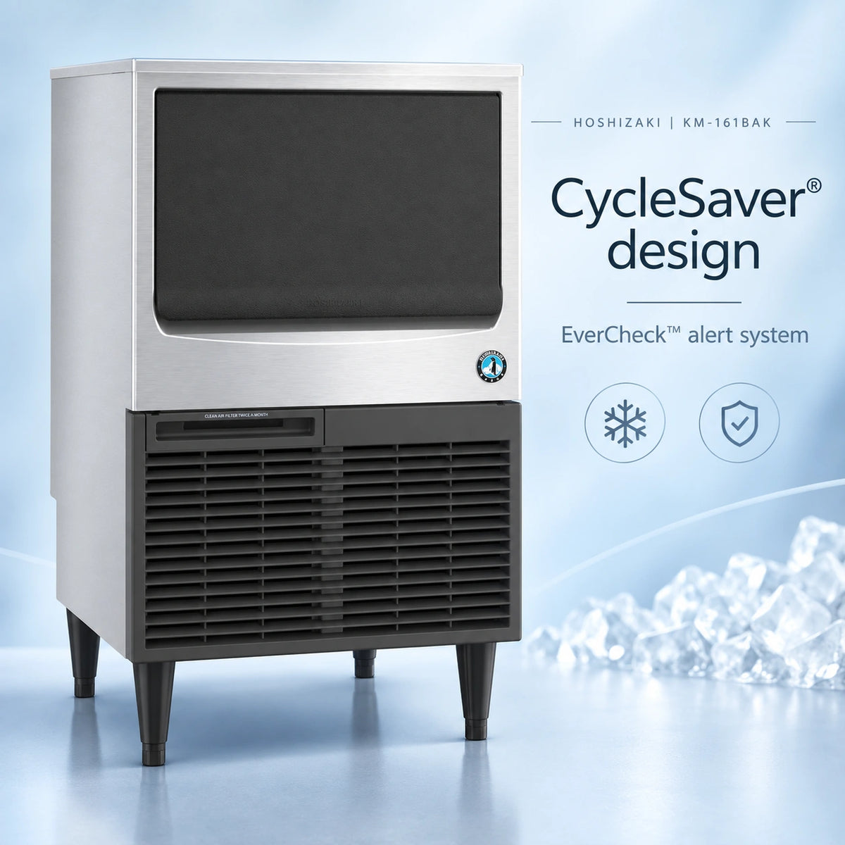 A Hoshizaki KM-161BAK commercial ice machine with a stainless steel body and black lower vented section, shown on a light blue studio background with ice graphics and CycleSaver design text.