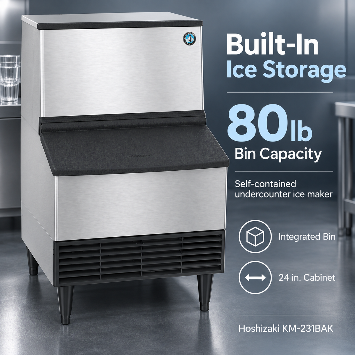 A stainless steel and black undercounter ice maker with built-in ice storage, shown in a commercial kitchen setting with promotional text on the right detailing 80 lb bin capacity and Hoshizaki branding.