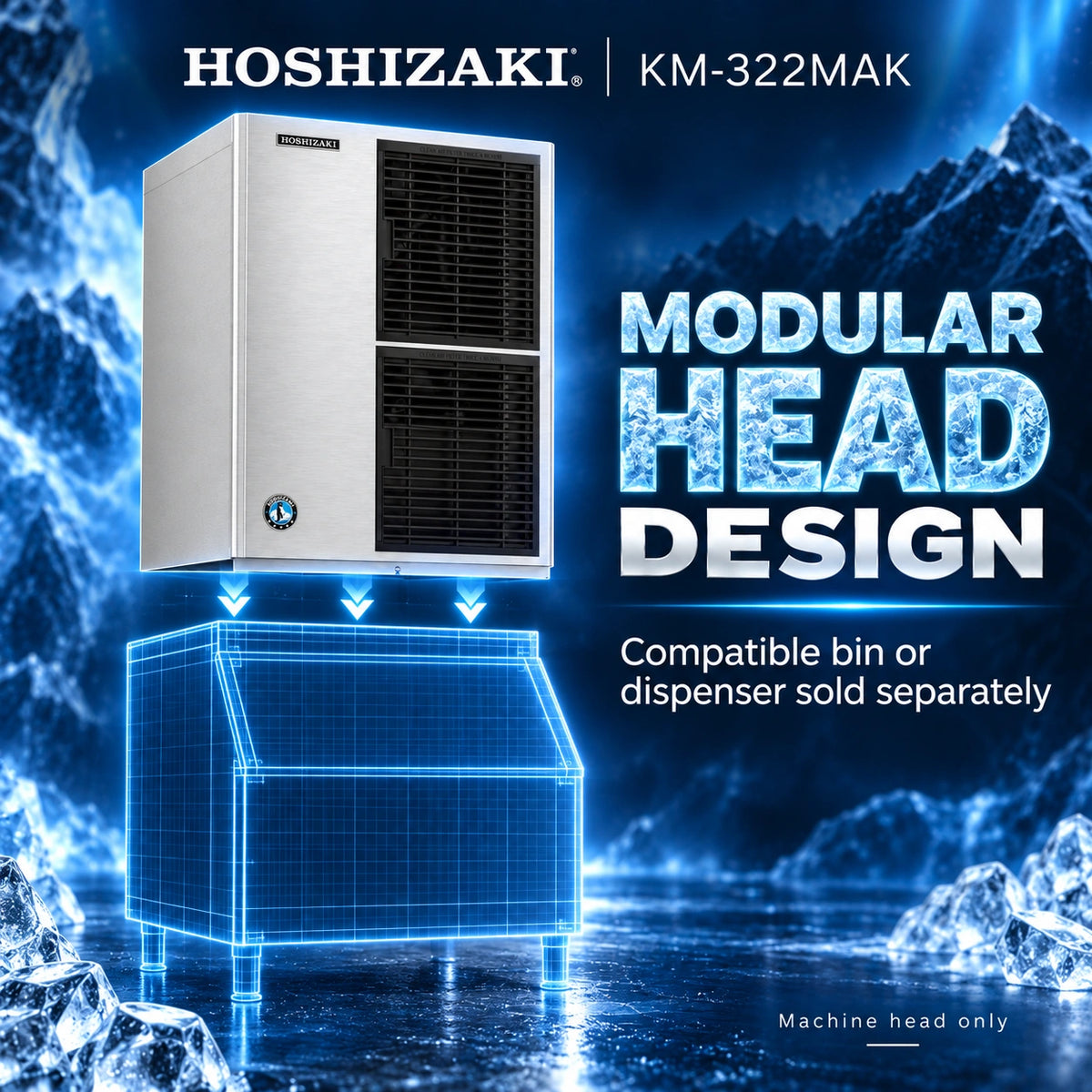 Hoshizaki KM-322MAK modular head design ice machine component shown against a blue icy background, with text noting compatibility with a bin or dispenser sold separately.