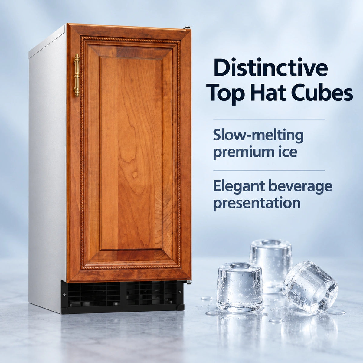 A single-door undercounter refrigerator with a warm wood-grain top hat door and brushed silver side panels, shown on a light blue studio background with ice cubes and marketing text.