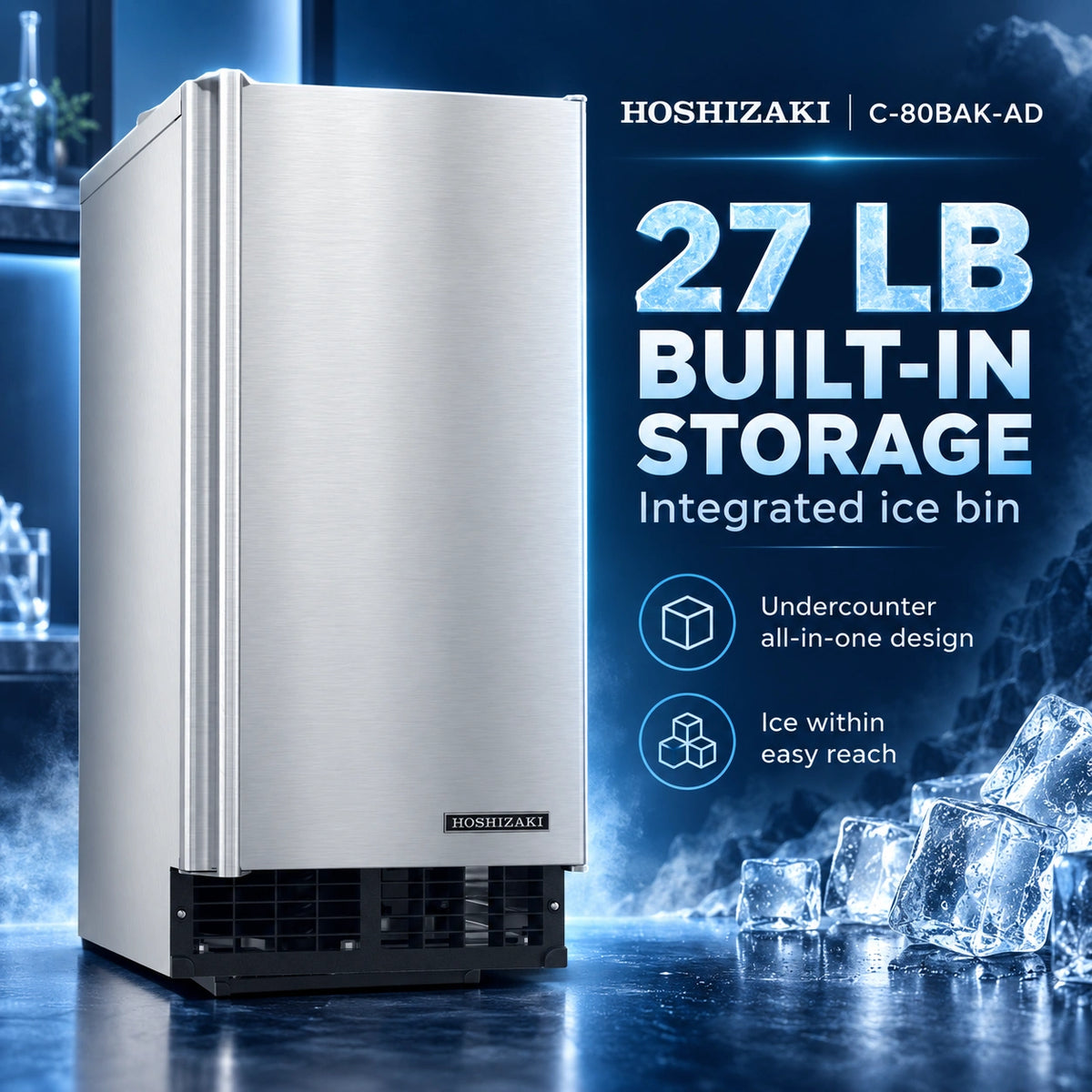 Hoshizaki C-80BAK-AD 27 lb built-in storage undercounter ice machine in stainless steel, shown on a dark blue promotional background with text and ice cubes.