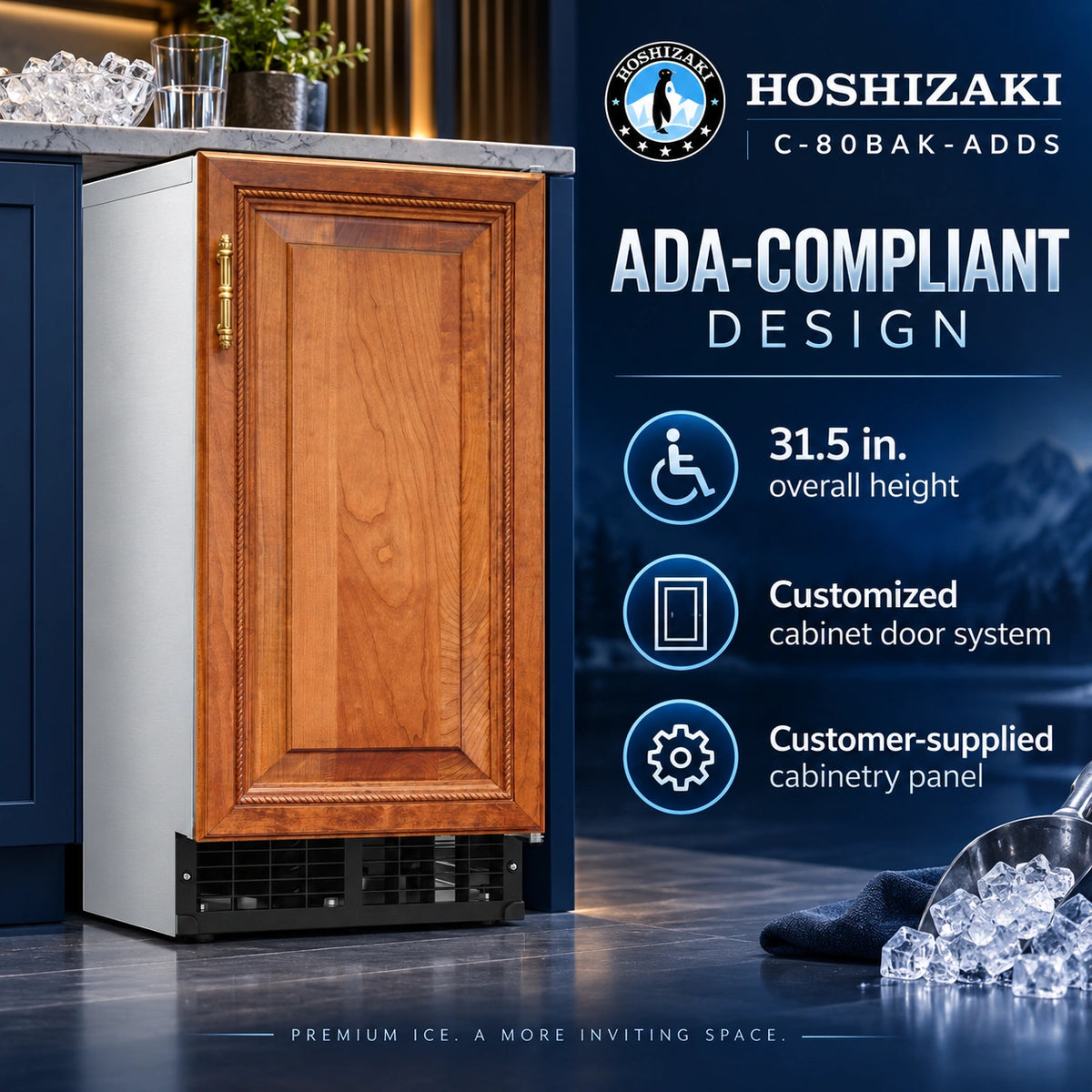Hoshizaki C-80BAK-ADDs ADA-compliant undercounter refrigerator shown installed in a kitchen setting with promotional text on the right side.
