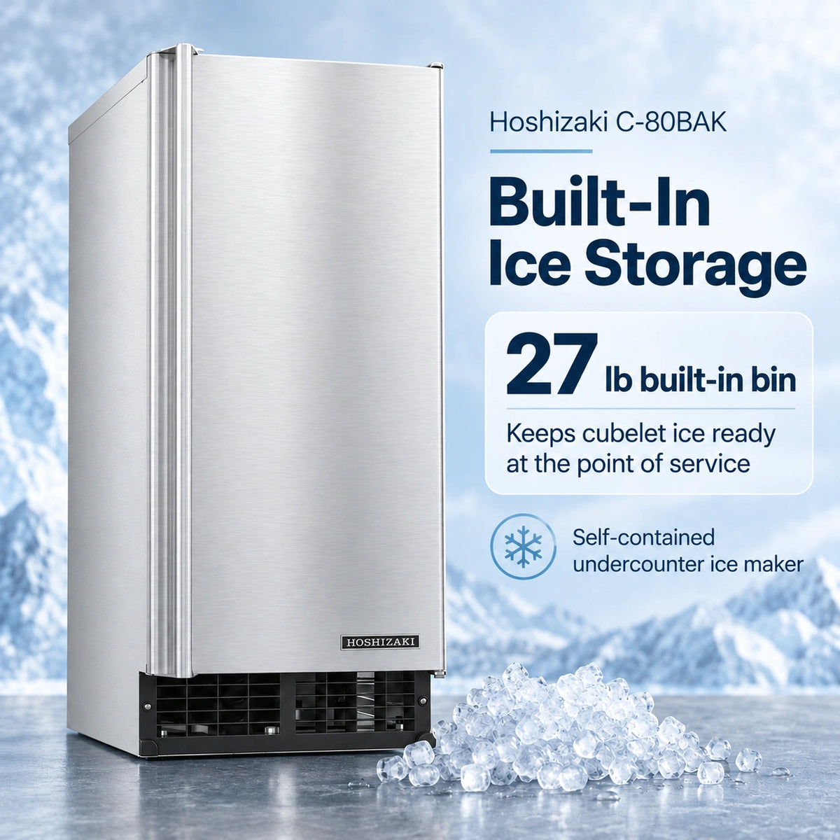 A Hoshizaki C-80BAK built-in ice storage refrigerator shown in a brushed stainless steel finish with a black vented base, set against a icy blue background with text callouts and a pile of crushed ice in front.