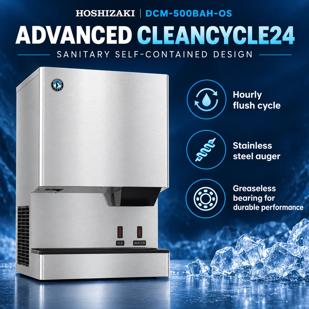 Hoshizaki Advanced CleanCycle24 ice machine in stainless steel, shown on a blue icy background with feature callouts including hourly flush cycle, stainless steel auger, and greaseless bearing.