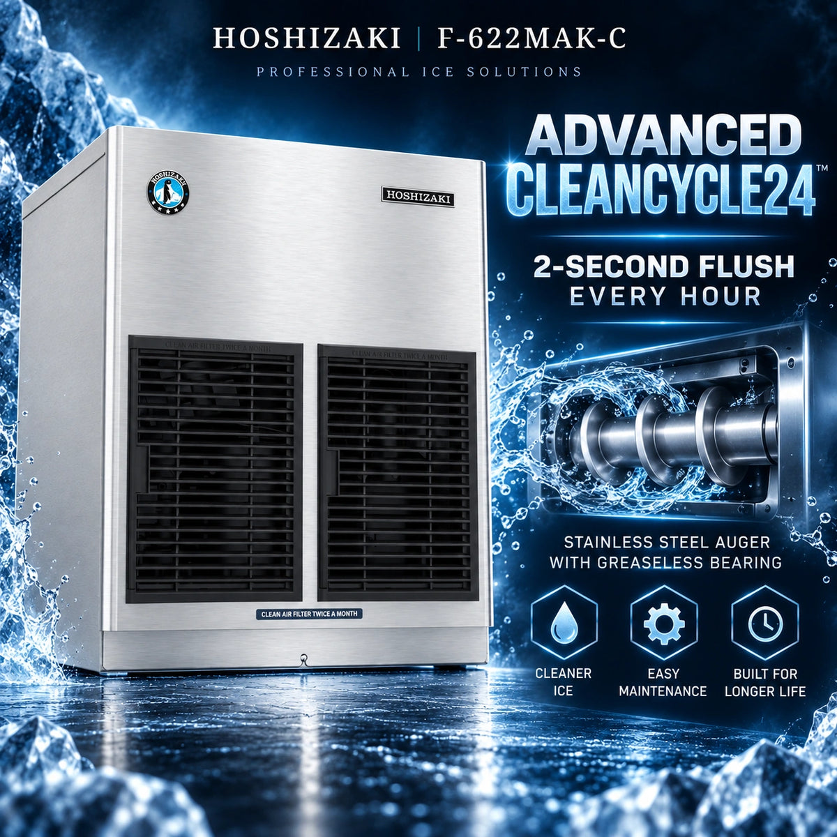 Hoshizaki F-622MAK-C commercial ice machine in stainless steel with black front grilles, shown on a blue water-splashed promotional background with text highlighting advanced clean cycle, 2-second flush every hour, and stainless steel auger details.