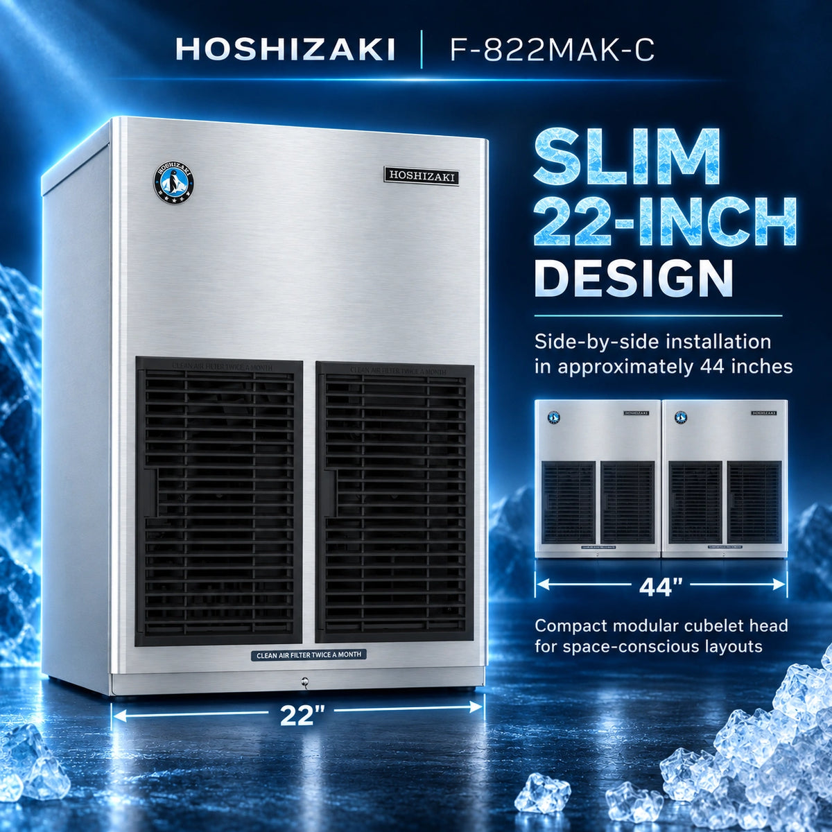 Hoshizaki F-822MAK-C Slim 22-inch modular ice machine head shown on a dark blue promotional background with text callouts and dimension lines. The product is stainless steel with black front grille vents.
