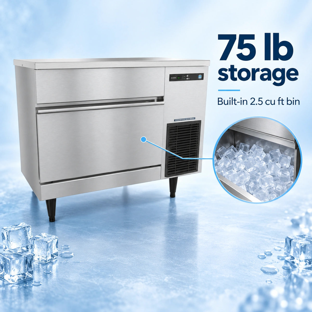 A stainless steel commercial ice machine with black legs, shown on a icy blue background with text reading '75 lb storage' and a circular inset showing ice cubes inside the storage bin.