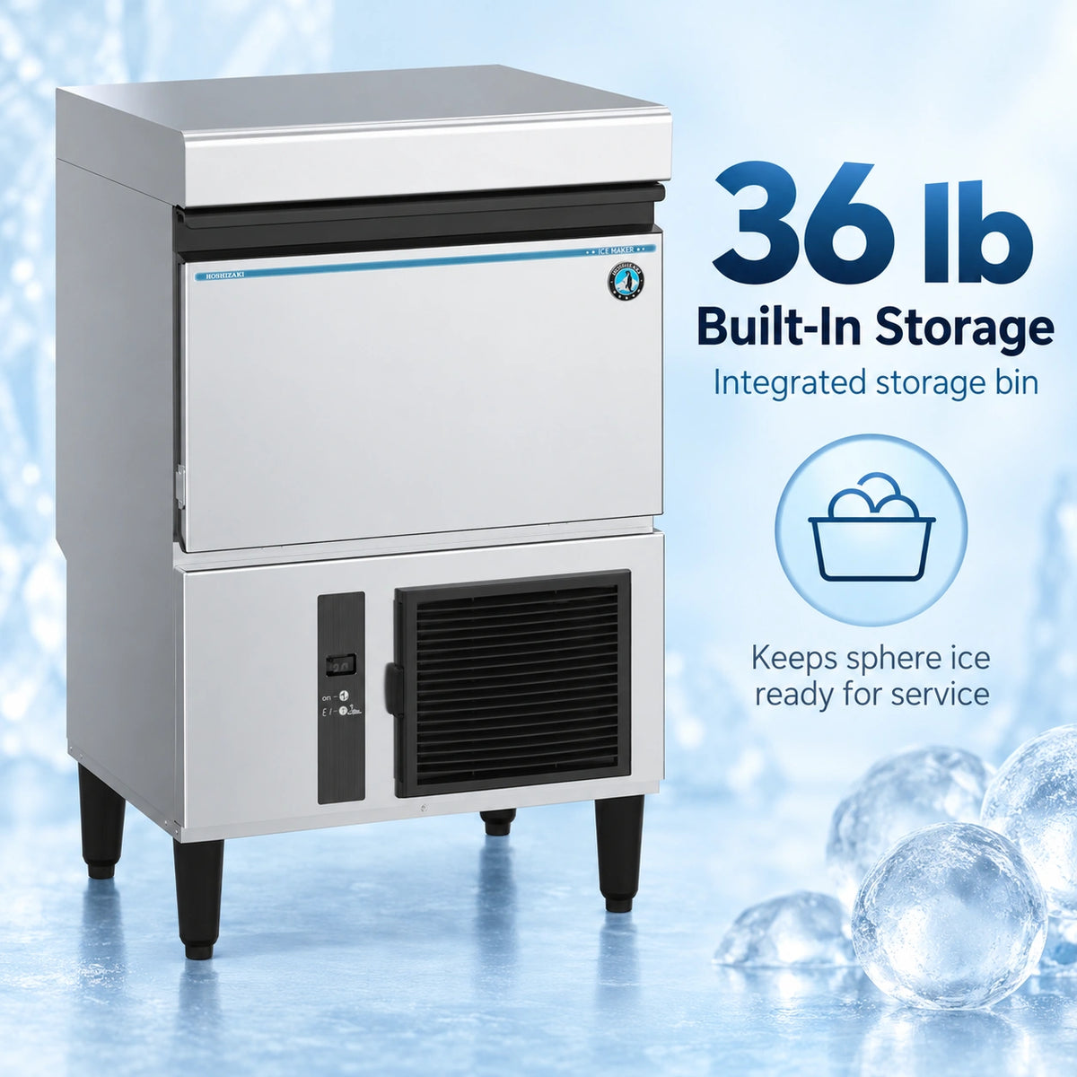 A stainless steel commercial ice machine with built-in storage, shown on a icy blue background with text reading '36 lb Built-In Storage' and 'Keeps sphere ice ready for service.'.