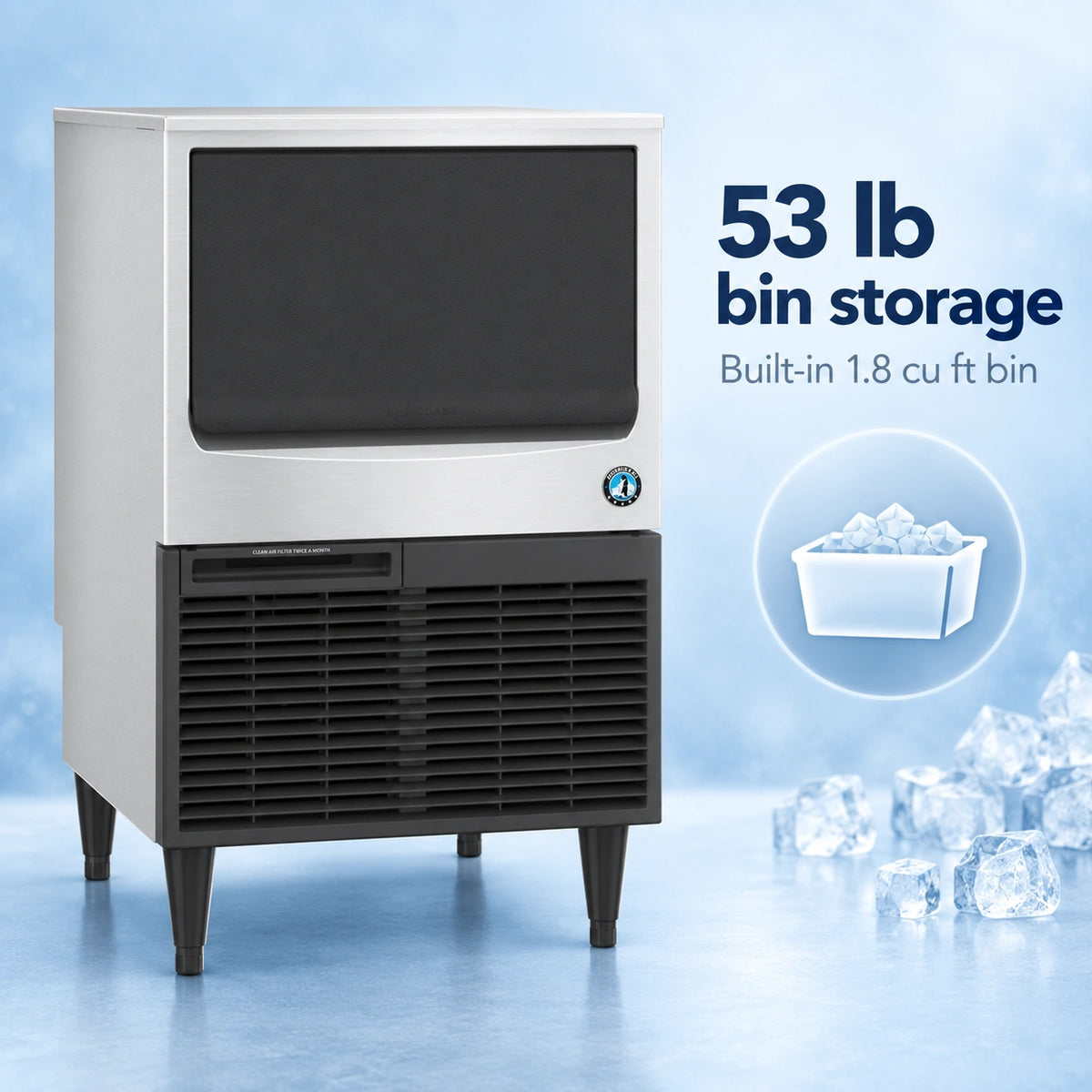 A commercial ice machine with a white upper cabinet and black lower section, shown on a blue icy studio background with text reading '53 lb bin storage' and an ice bin graphic.