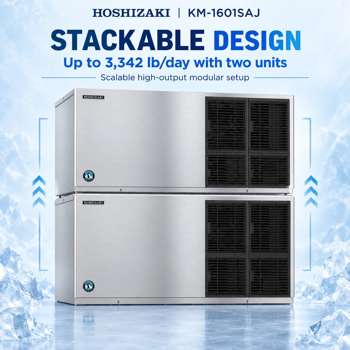 Two stacked Hoshizaki KM-1601SAJ modular ice machines shown together on a icy blue promotional background with text reading 'STACKABLE DESIGN' and 'Up to 3,342 lb/day with two units.'.