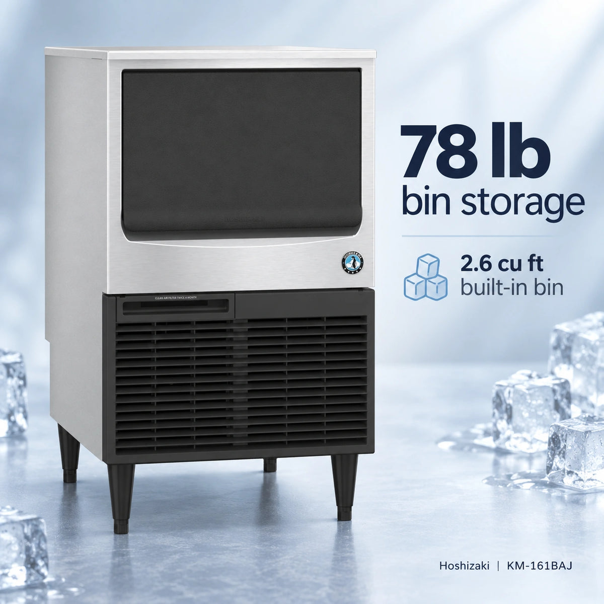 A Hoshizaki commercial ice machine with a white upper cabinet and black lower compartment, shown with text overlays detailing its 78 lb bin storage and 2.6 cu ft built-in bin, set against a cool, icy background with ice cubes.