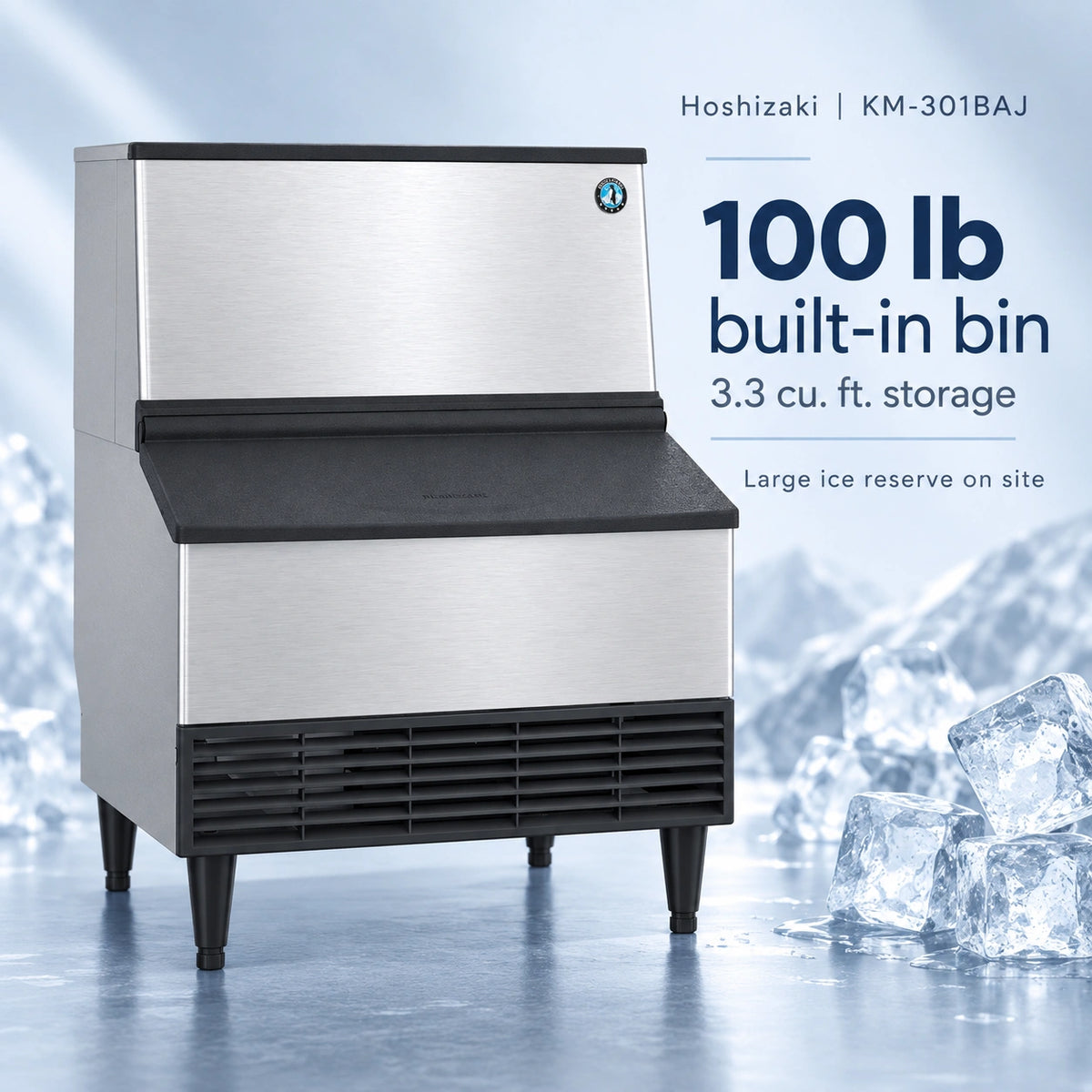 A Hoshizaki commercial ice machine with a stainless steel body and black accents, shown with text overlays and ice cubes on a cool blue background.