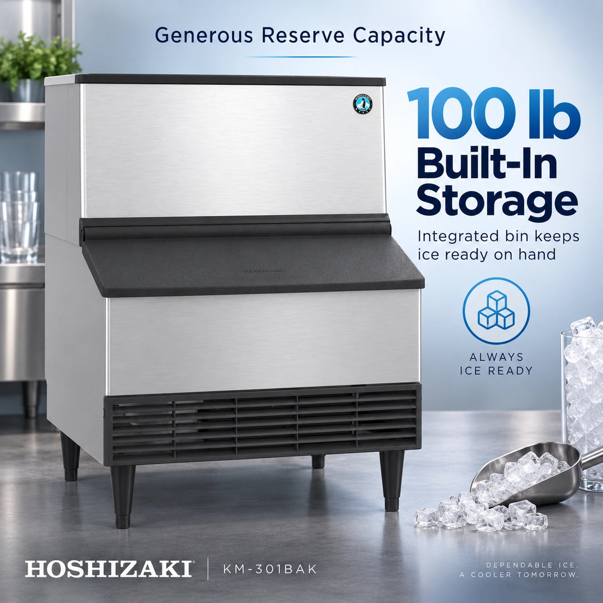Hoshizaki KM-301BAK 100 lb built-in storage ice machine in stainless steel, shown in a kitchen-like setting with promotional text highlighting reserve capacity and built-in storage.