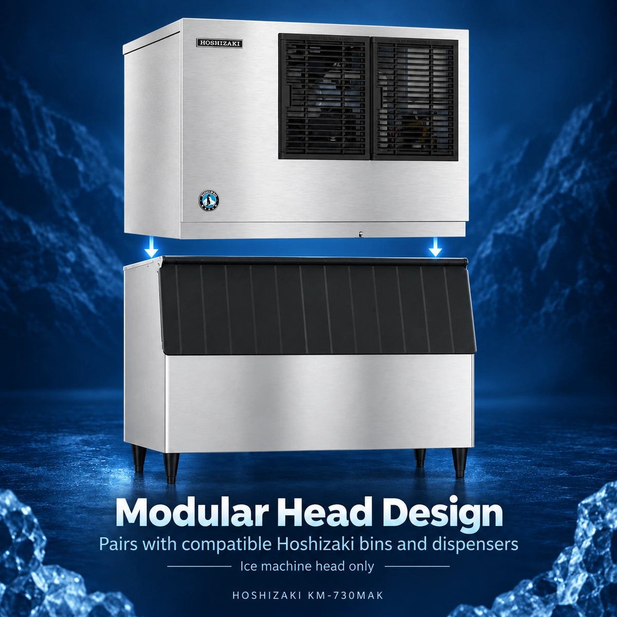 A Hoshizaki modular ice machine head and dispenser unit shown against a blue icy background, with text reading 'Modular Head Design' and 'Pairs with compatible Hoshizaki bins and dispensers Ice machine head only.' The product consists of a stainless steel top unit and a matching lower bin/dispenser unit with black front panels.