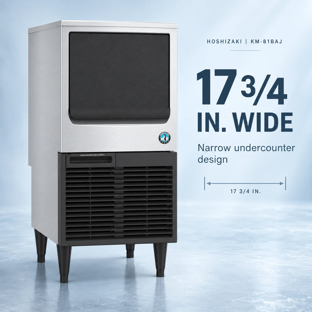 A Hoshizaki commercial ice machine in a narrow undercounter design, shown on a light blue studio background with text highlighting its 17 3/4 inch width.