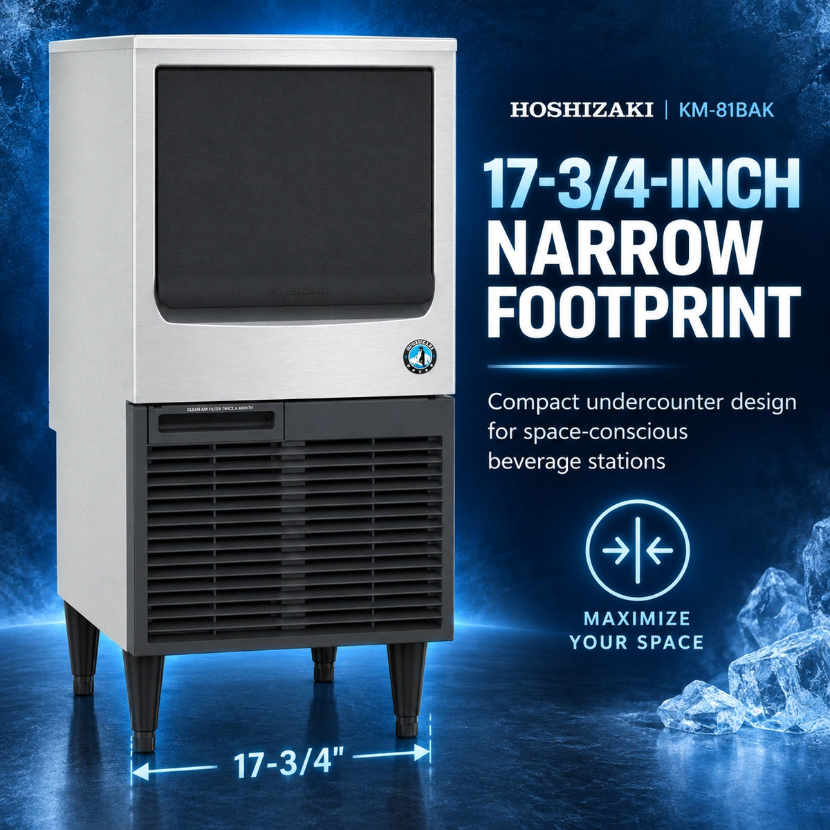 Hoshizaki KM-81BAK 17-3/4-inch narrow footprint ice machine in stainless steel and black, shown on a dark blue promotional background with text highlighting its compact undercounter design and 17-3/4-inch footprint.