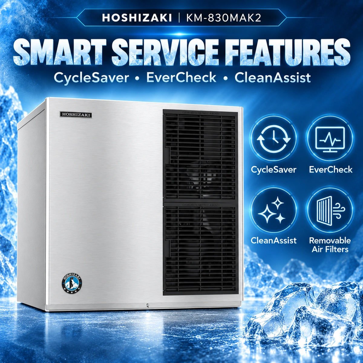 Hoshizaki KM-830MAK2 commercial ice machine in brushed silver stainless steel with a black front vent, shown on a blue icy promotional background with text reading 'SMART SERVICE FEATURES' and feature icons for CycleSaver, EverCheck, and CleanAssist.