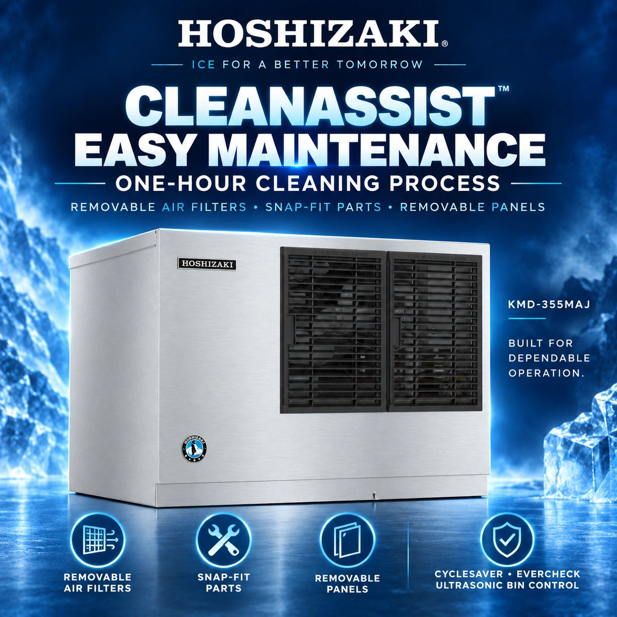 Hoshizaki KMD-355MAJ 30-Inch Air-Cooled Crescent Cube Ice Machine Head - 395 lb/Day, Dispenser-Ready