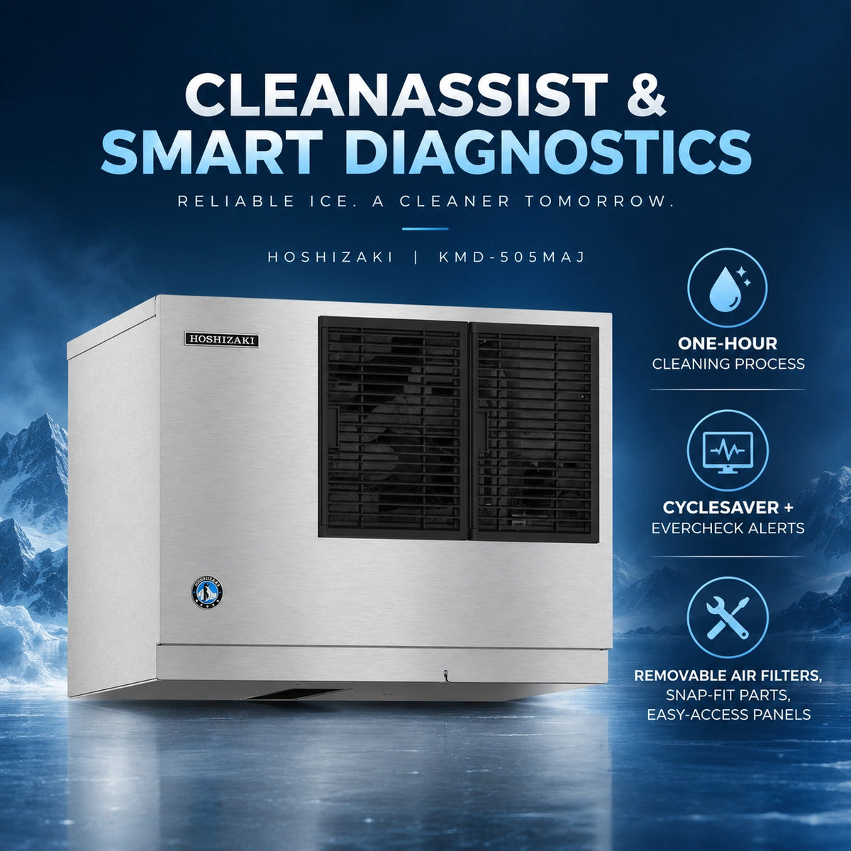 A Hoshizaki KMD-505MAJ commercial ice machine in brushed stainless steel, shown against a dark blue icy background with promotional text and feature callouts including 'Cleanassist & Smart Diagnostics' and 'One-Hour Cleaning Process.'.