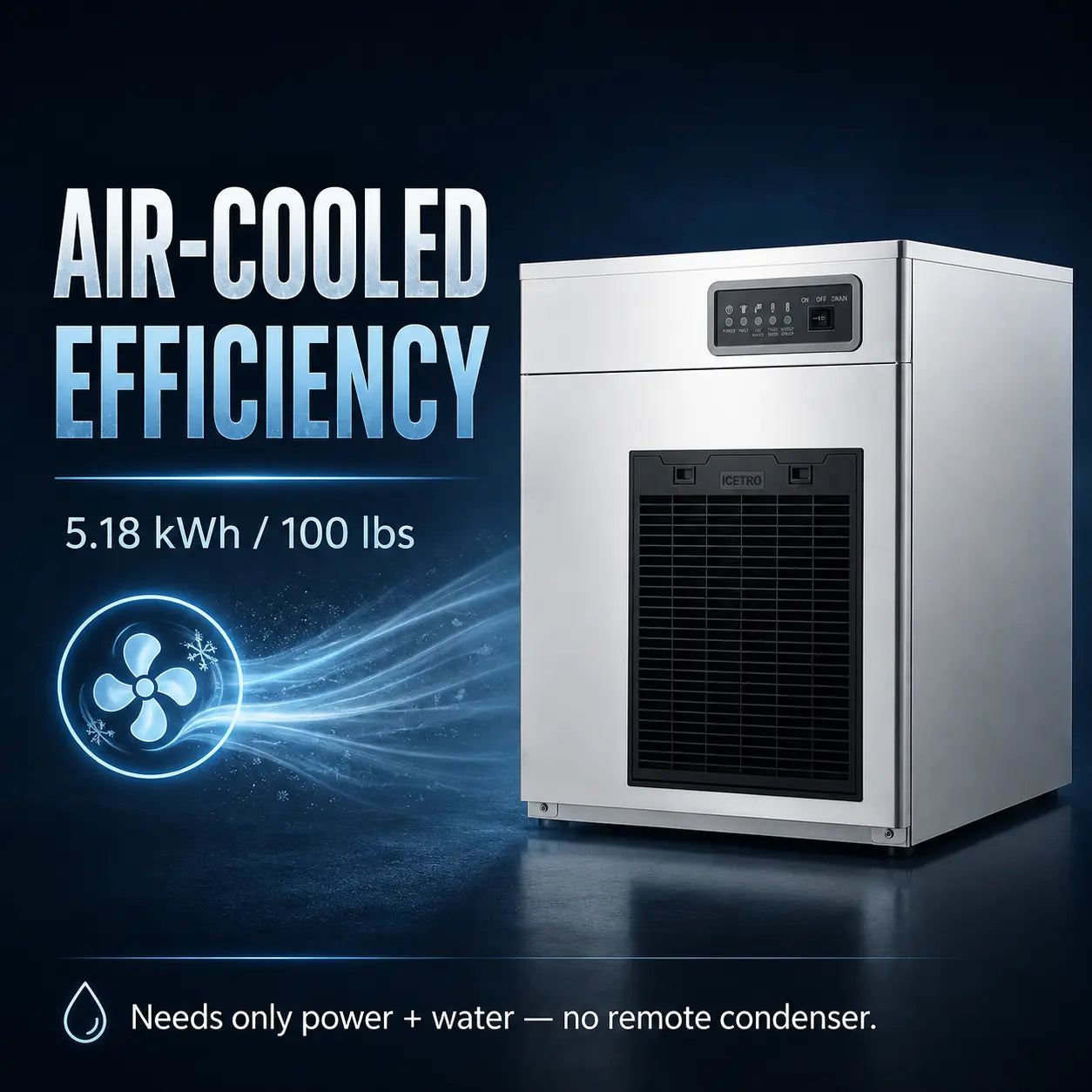 A stainless steel air-cooled refrigerator or chiller shown on a dark blue promotional background with text reading 'AIR-COOLED EFFICIENCY' and '5.18 kWh / 100 lbs'.