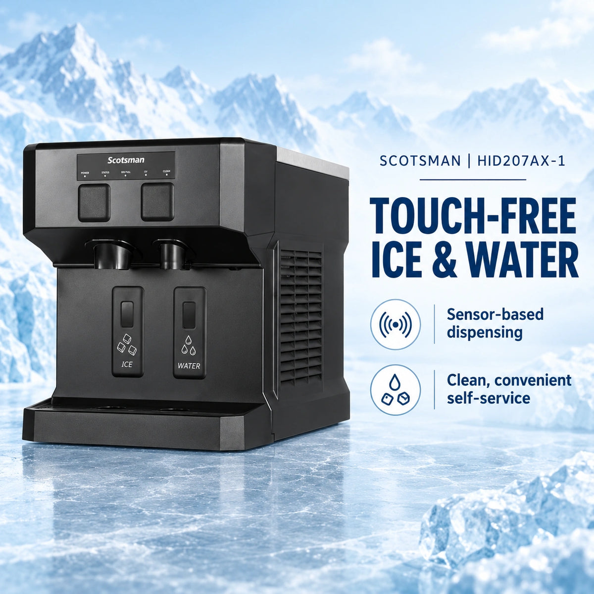 A black Scotsman touch-free ice and water dispenser shown on a icy mountain background with promotional text on the right.