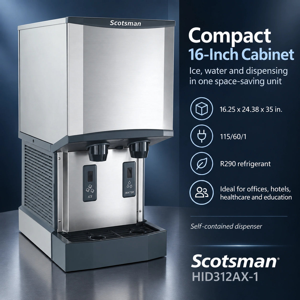 Scotsman Compact 16-Inch Cabinet ice, water, and dispensing unit in stainless steel, shown on a dark blue background with product specifications and branding.