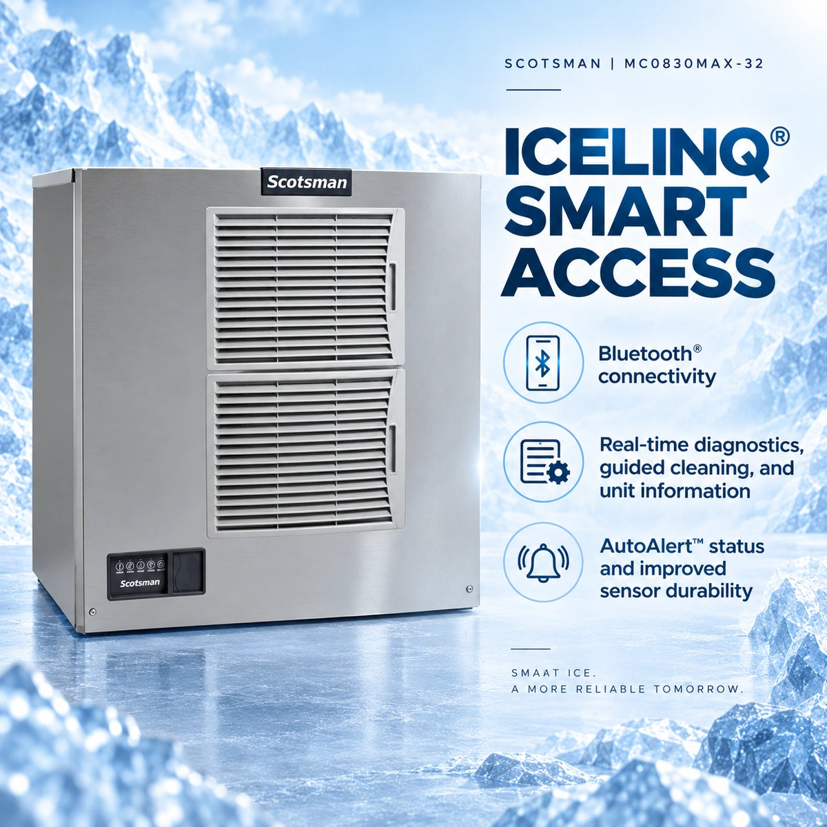 A stainless steel Scotsman IceLing smart ice machine shown on a icy blue background with large text and feature callouts including Bluetooth connectivity, real-time diagnostics, and AutoAlert status.
