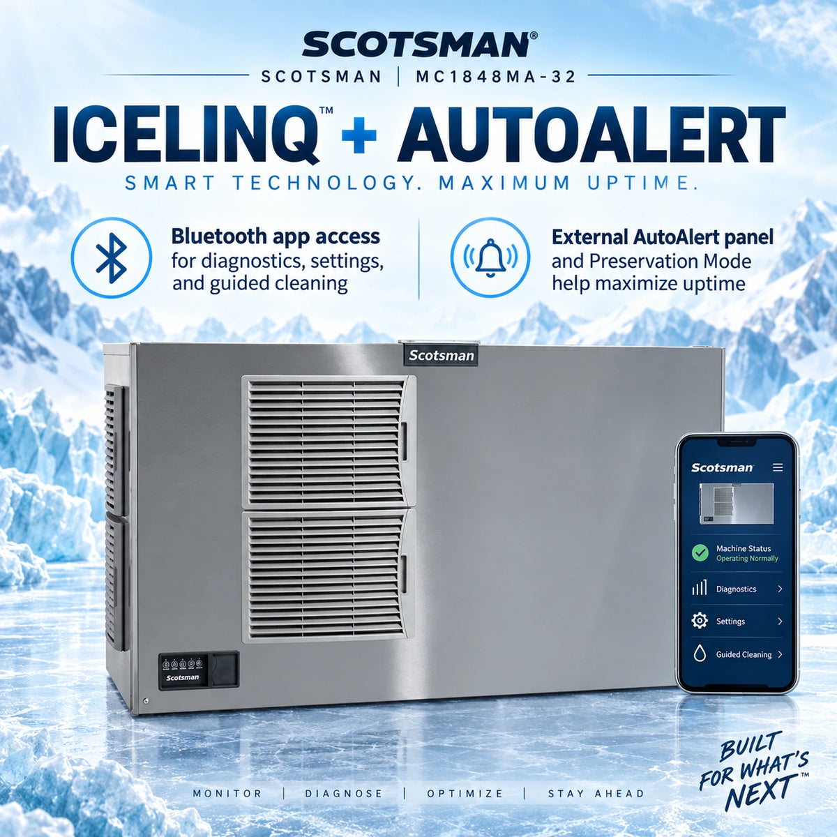 Scotsman Icelinq + AutoAlert commercial ice machine in brushed stainless steel, shown with a smartphone app screen and icy promotional background. Text highlights Bluetooth app access, external AutoAlert panel, and preservation mode.
