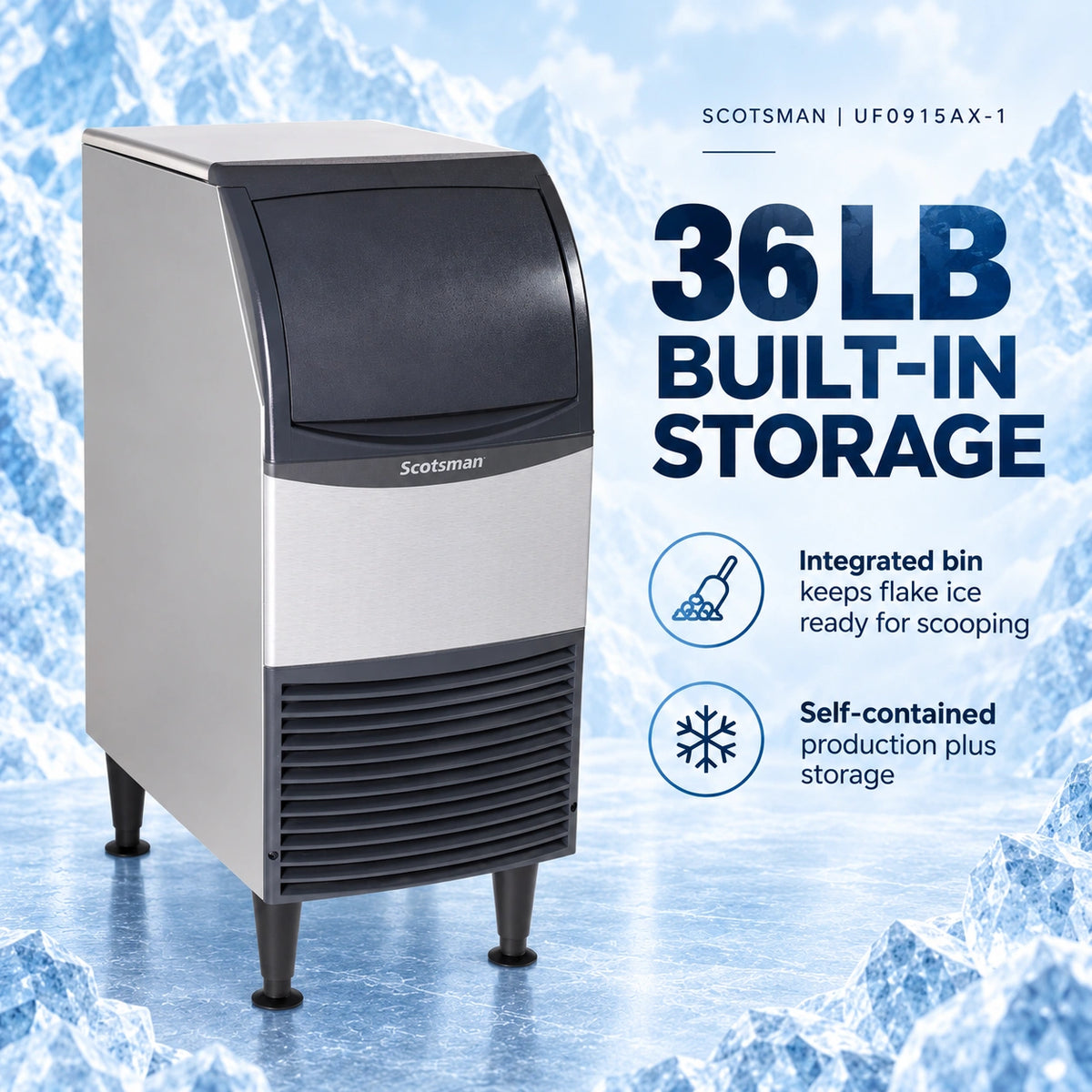 A Scotsman 36 lb built-in storage ice machine shown on a icy blue background with promotional text and feature icons.