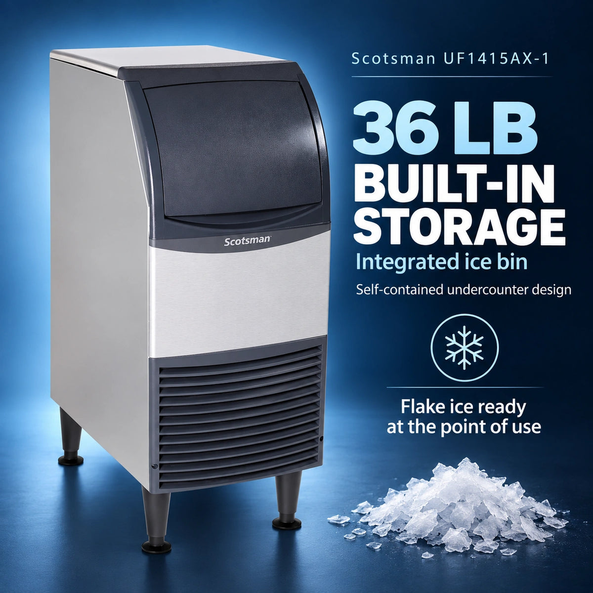 A Scotsman UF1415AX-1 36 lb built-in storage ice machine shown on a blue gradient background with promotional text and a pile of crushed ice at the bottom right.
