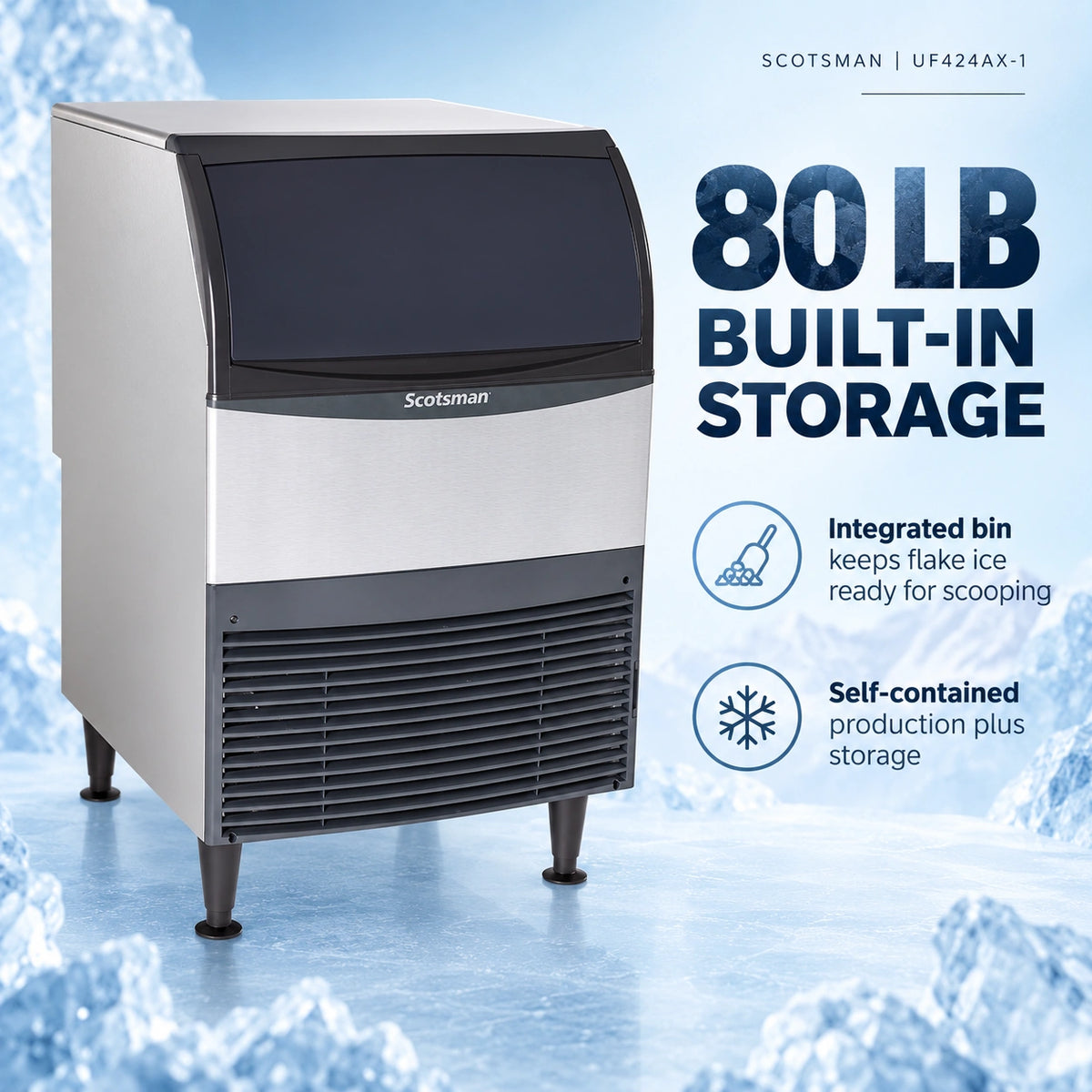 A stainless steel and black Scotsman 80 lb built-in storage ice machine shown on a icy blue background with product feature callouts on the right.