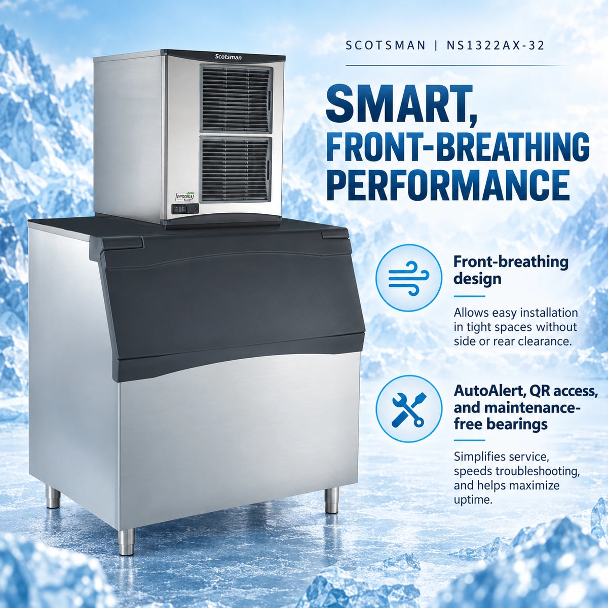 Scotsman Prodigy Plus NS1322AX-32 Commercial Nugget Ice Machine Head - 1,314 lb/Day Original Chewable Nugget Ice, 22 Inch Air-Cooled 208-230V