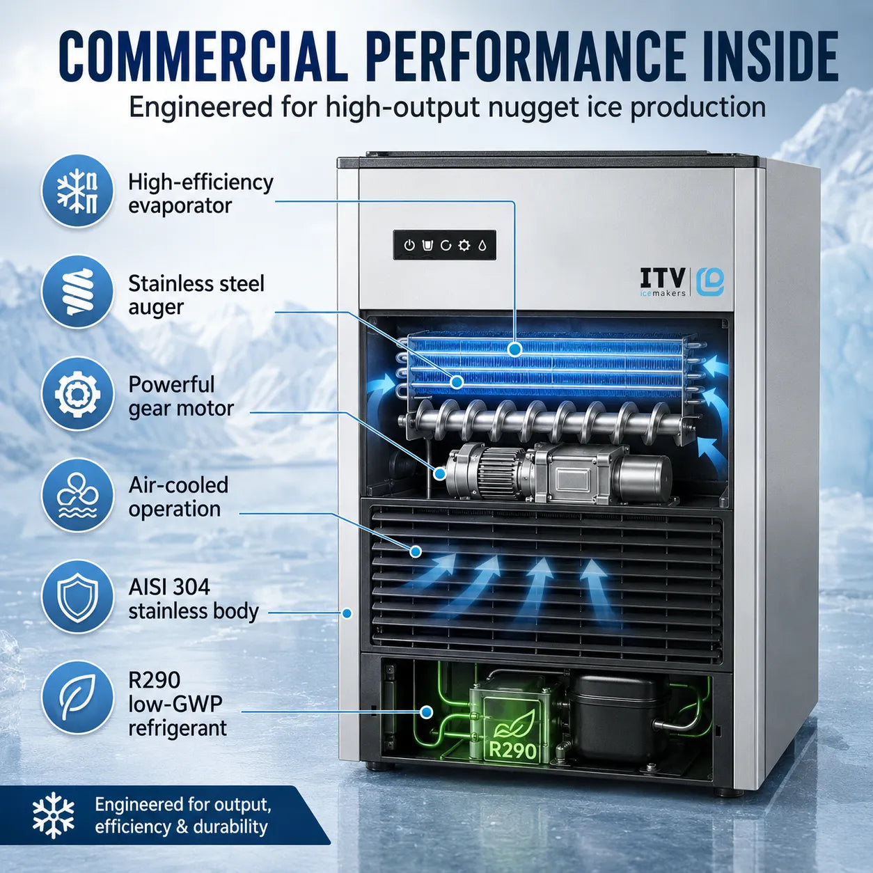 Ice maker with labeled features on a blue background