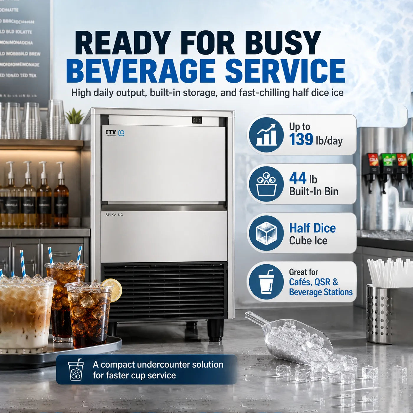 Ice machine with beverage service features and text on a kitchen background