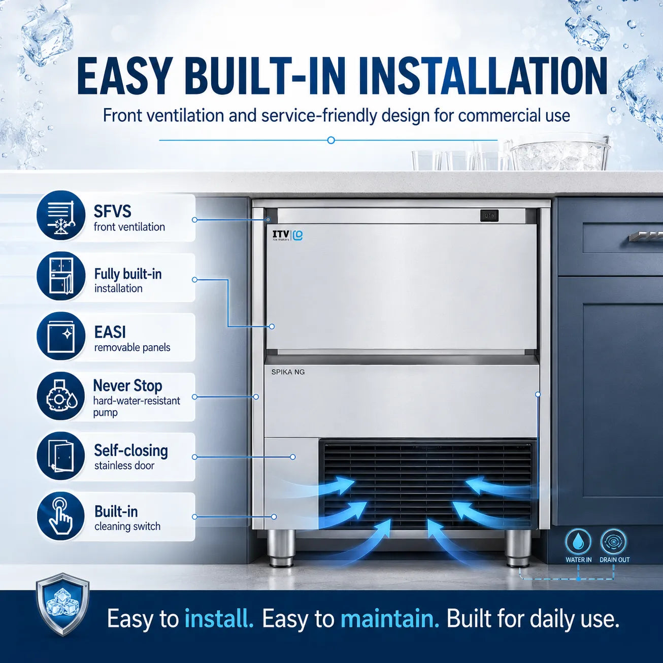 Commercial refrigerator with features highlighted on a blue background
