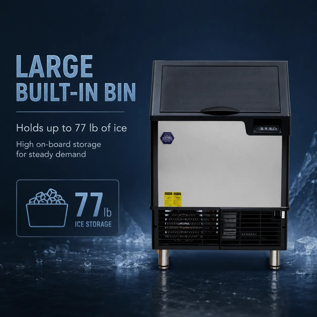 A large built-in ice storage machine with a stainless steel front panel and black top/base, shown on a dark blue background with promotional text about 77 lb ice storage capacity.