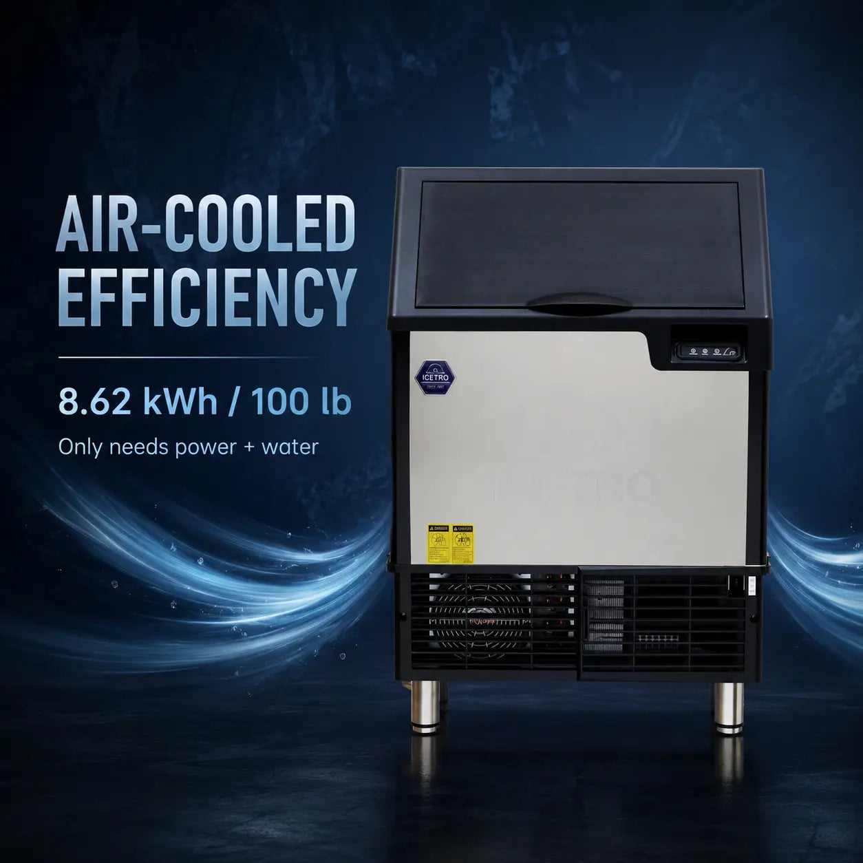 An air-cooled commercial ice machine with a black and stainless steel body, shown on a dark blue graphic background with text highlighting energy efficiency.