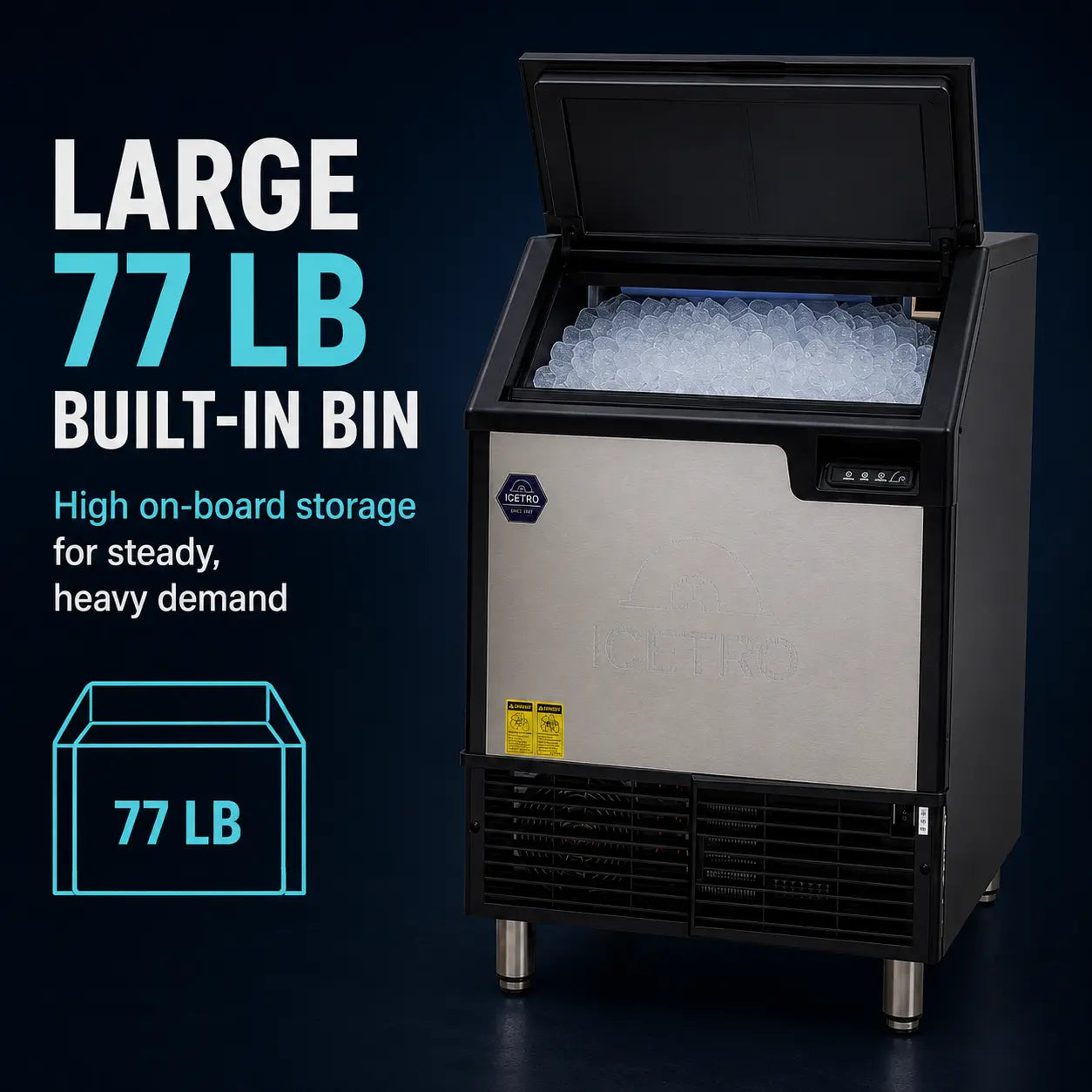 A large commercial ice machine with an open lid showing ice inside, set against a dark blue background with promotional text reading 'LARGE 77 LB BUILT-IN BIN' and a 77 LB box icon.