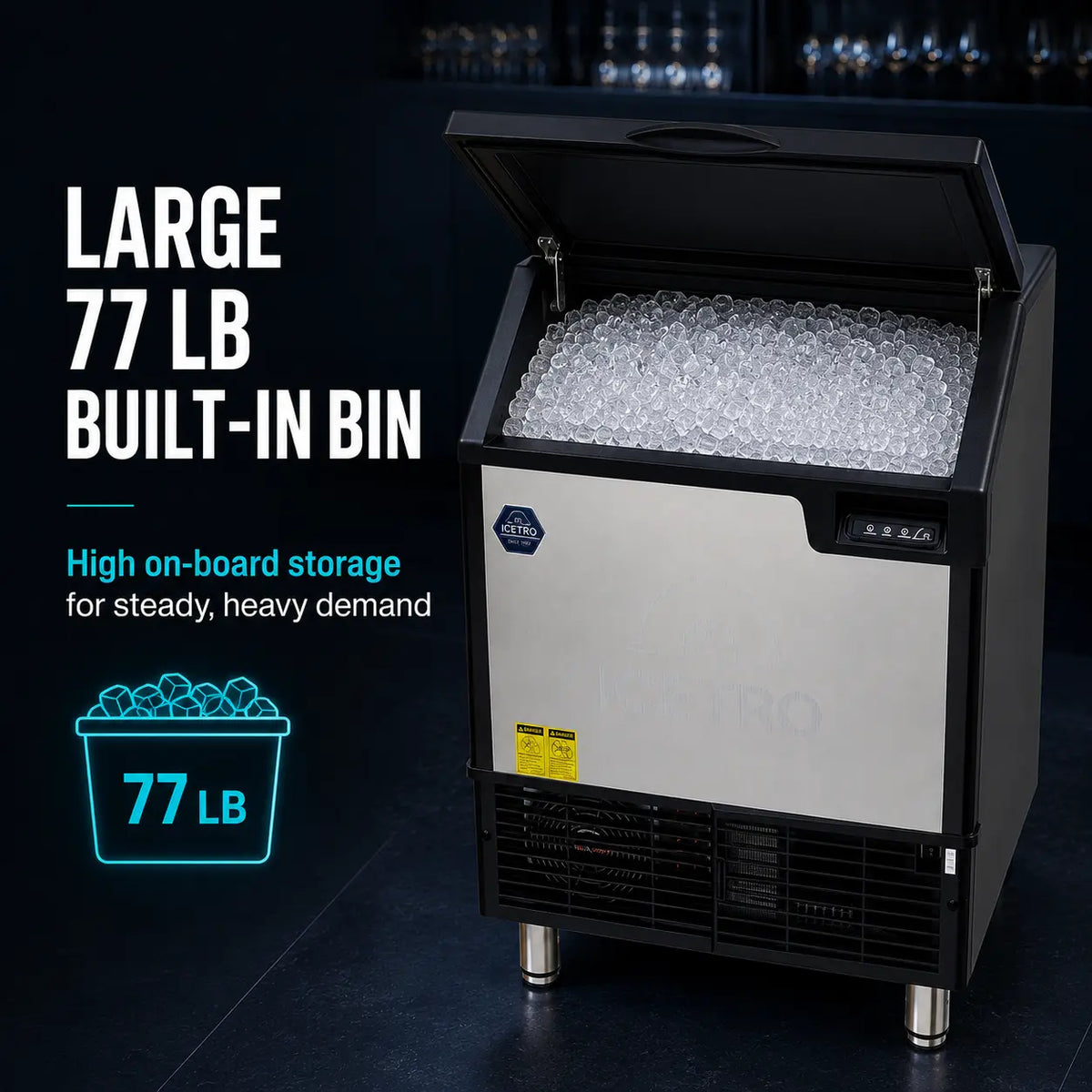 A large commercial ice machine with a black exterior, stainless steel front panel, and open lid showing clear ice inside. Text on the left highlights a 77 lb built-in bin and high on-board storage, with a 77 lb icon graphic.