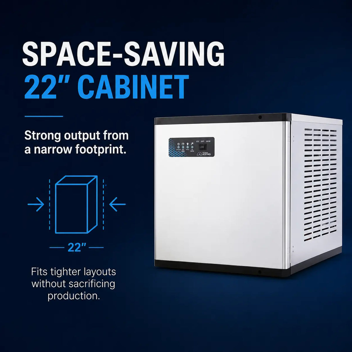 A 22-inch cabinet freezer shown on a dark blue promotional background with text highlighting its space-saving design and strong output from a narrow footprint.
