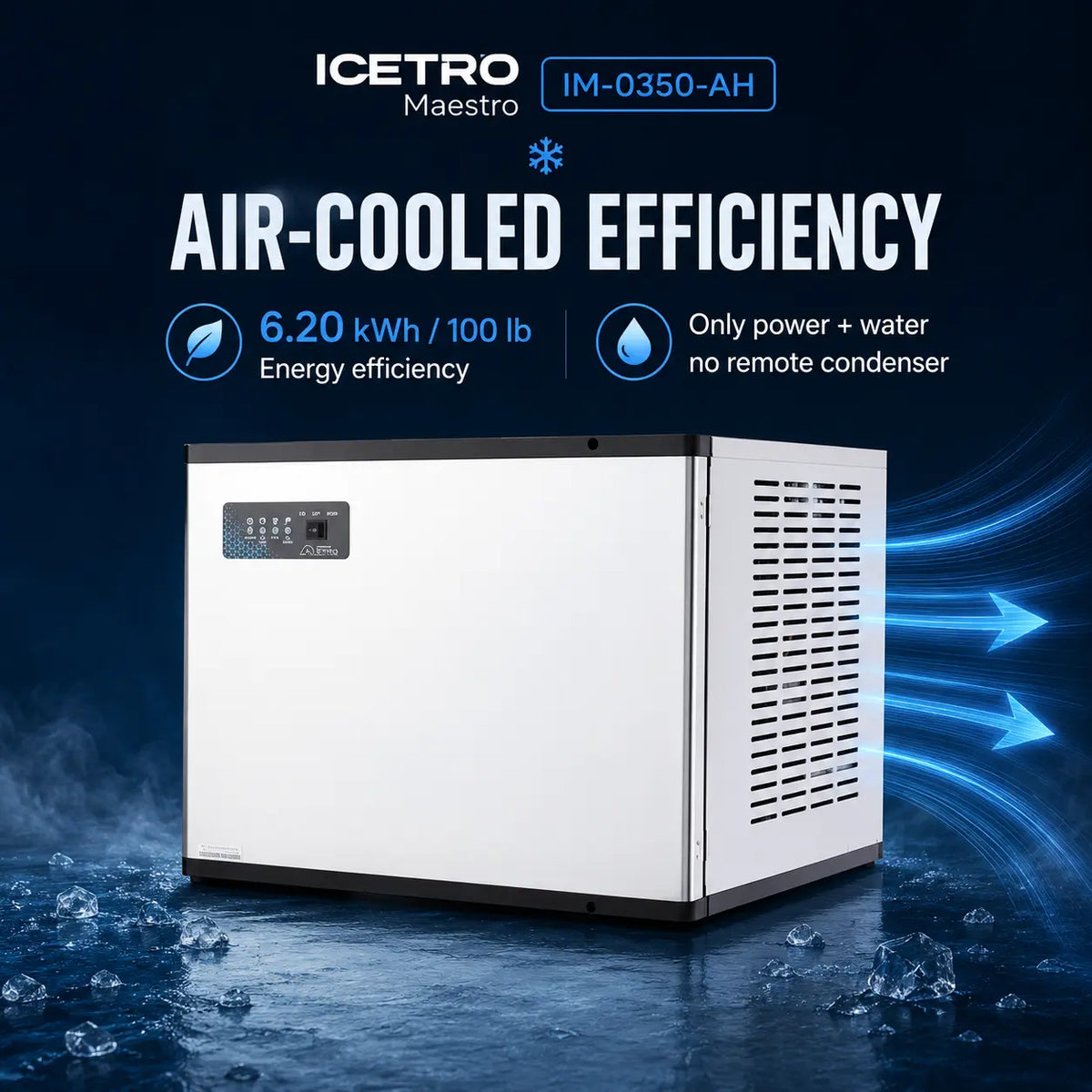An air-cooled ice machine by ICETRO Maestro, model IM-0350-AH, shown in a promotional graphic. The machine is white with a black top and bottom trim, featuring a digital control panel on the front left and a vented side panel.