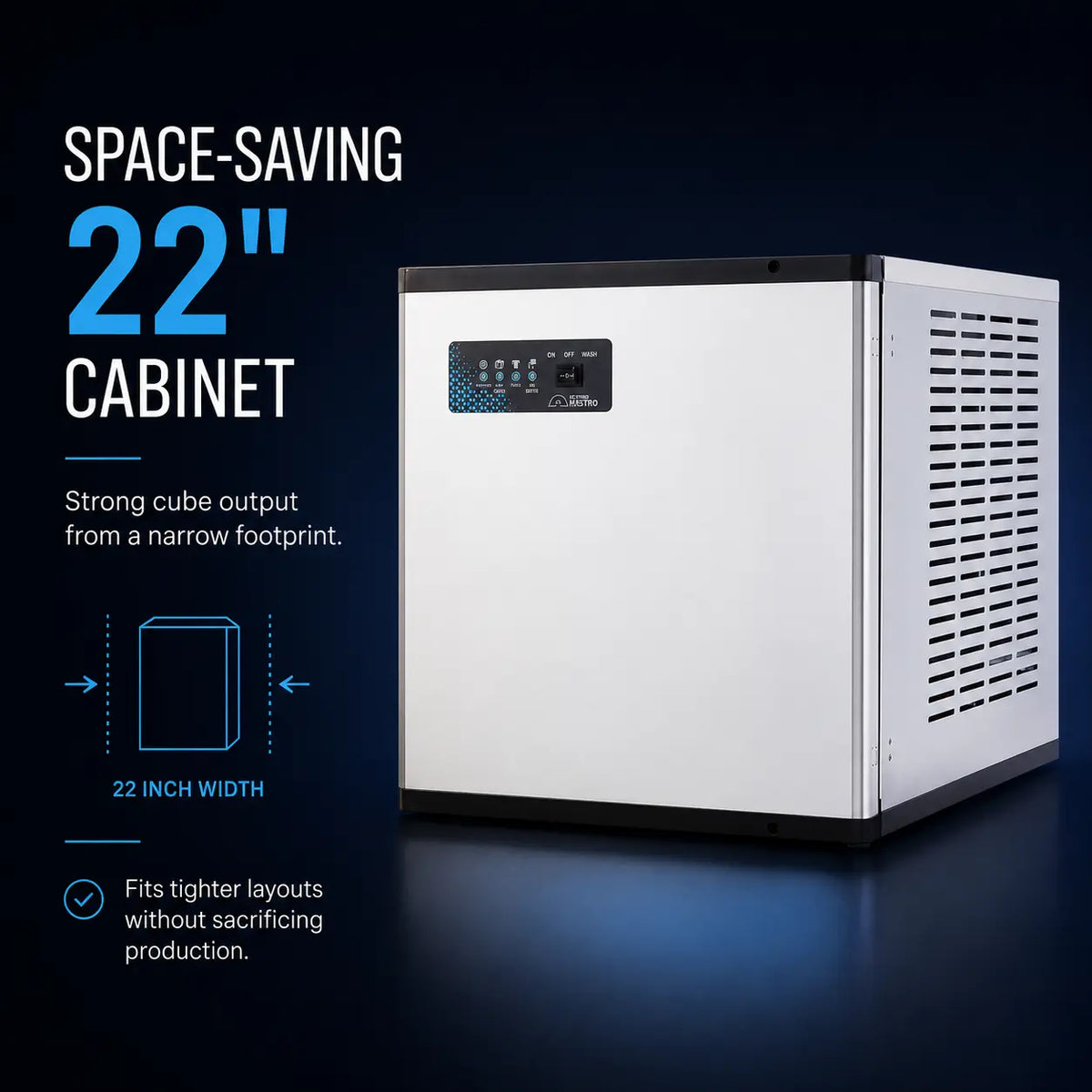 A 22-inch wide space-saving cooling cabinet shown on a dark blue promotional background with text highlighting its compact footprint and strong cube output.