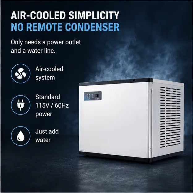 An air-cooled mini refrigerator shown on a dark promotional background with text highlighting its simplicity, no remote condenser, and water-only requirement.
