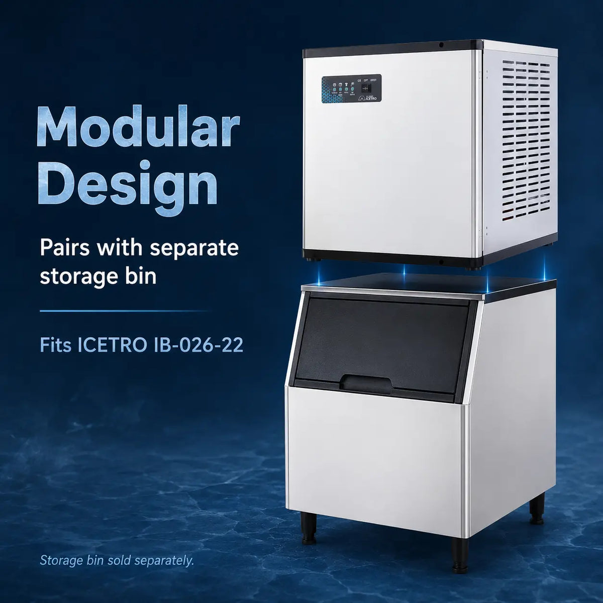 A modular ice machine shown in two stacked units on a dark blue background, with text reading 'Modular Design' and 'Pairs with separate storage bin. Fits ICETRO IB-026-22.
