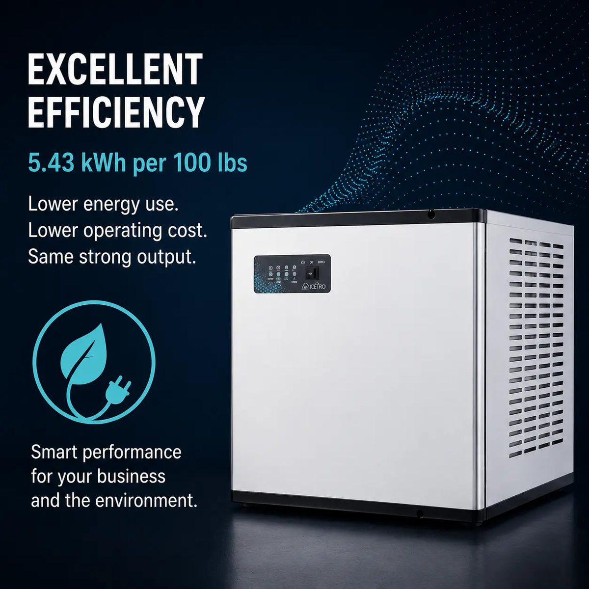 A countertop commercial ice machine with a white front panel, black top and base, and side vent grilles, shown on a dark blue promotional background with text highlighting energy efficiency and smart performance.
