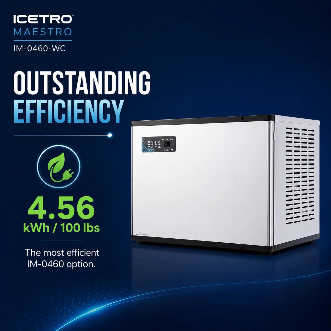 A promotional product graphic for the ICETRO MAESTRO IM-0460-WC refrigerator. The white and black refrigerator is shown on the right, with large marketing text on the left highlighting 'OUTSTANDING EFFICIENCY' and '4.