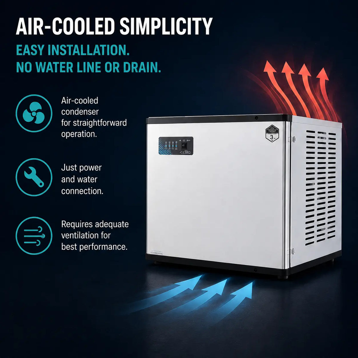 An air-cooled desktop chiller unit with a white and black metal body, shown on a dark blue background with text highlighting easy installation and airflow arrows indicating cooling.