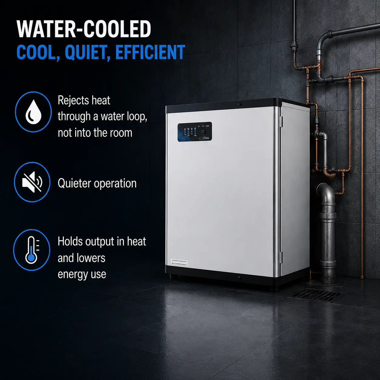 Water-cooled appliance unit in a dark industrial room with text callouts about cooling, quiet operation, and energy efficiency. The product is a tall rectangular silver-and-black machine with a small digital control panel on the front.