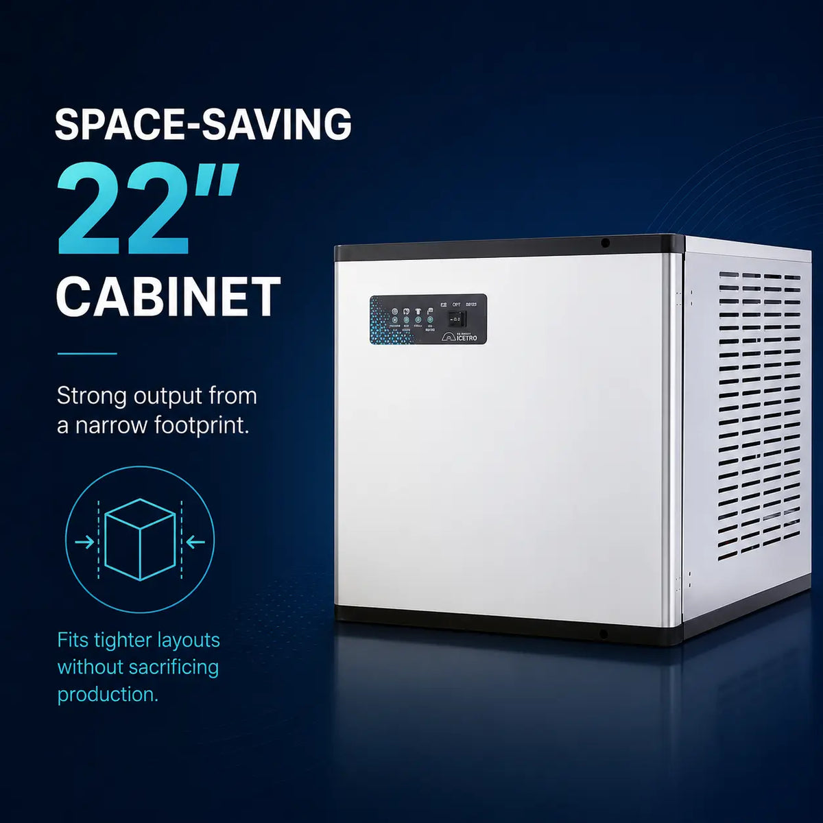 A 22-inch space-saving cabinet freezer shown on a dark blue promotional background with marketing text and a simple line illustration.