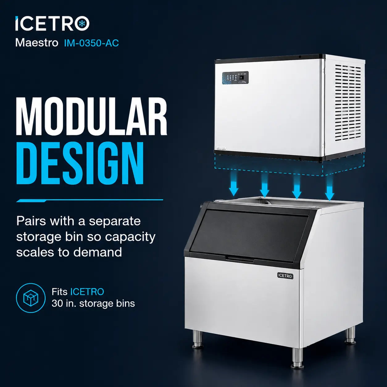 ICETRO Maestro modular ice machine shown with a separate storage bin beneath it on a dark blue promotional background. Text highlights modular design and compatibility with 30 in.